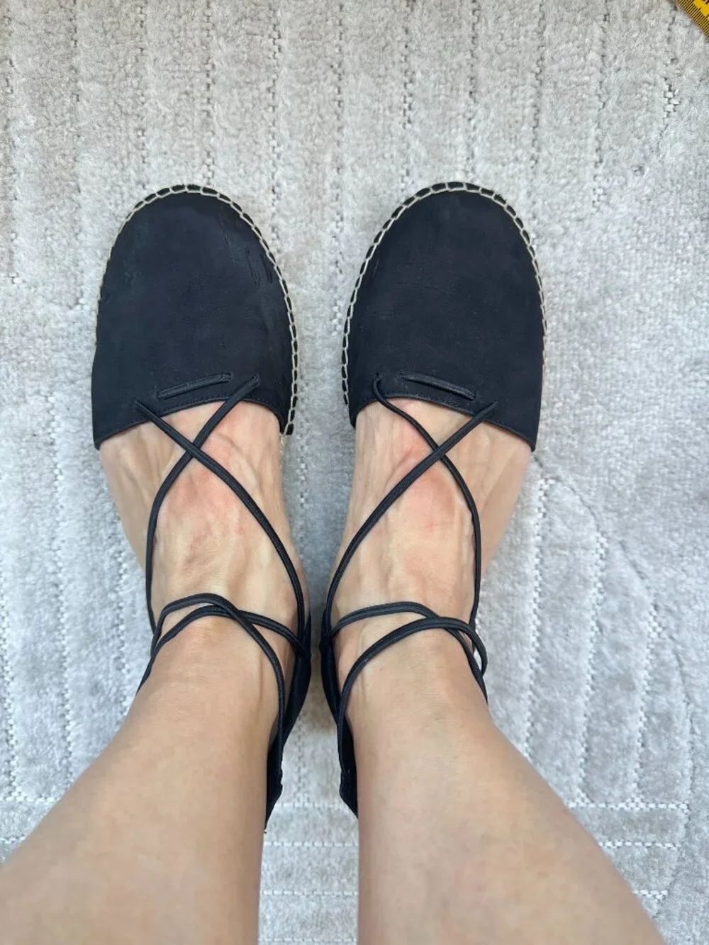 Eileen Fisher Lace Black Leather Lace-Up Espadrille Flats Women’s Size 8